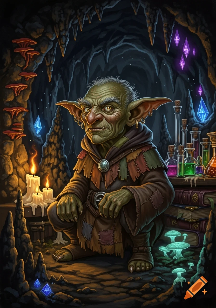 An old, green-skinned goblin in a patched robe crouches in a dark, crystal-filled cave with candles, potion bottles, and glowing mushrooms.