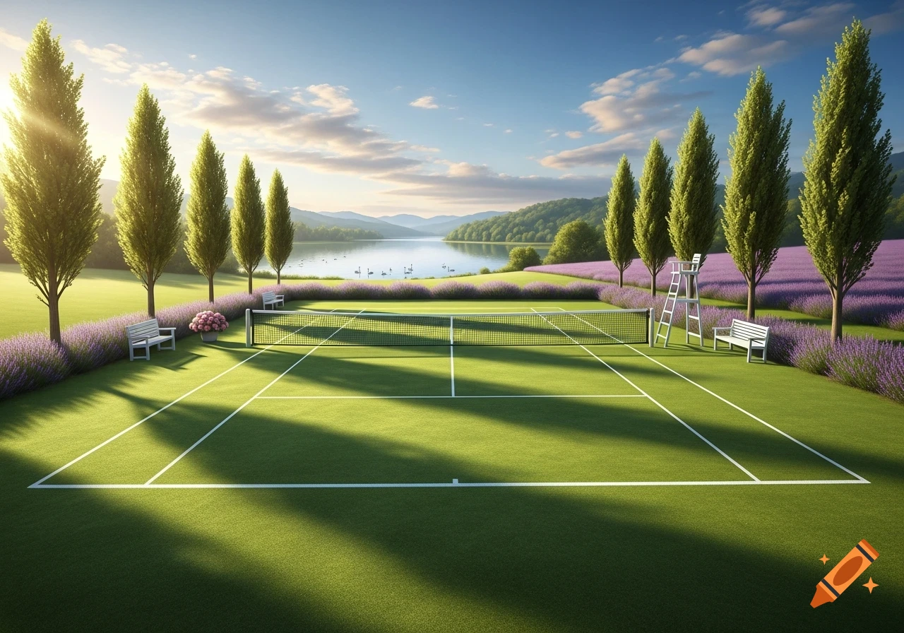 Photorealistic tennis court in a serene landscape with lavender, trees, a lake with swans, and mountains under a sunny sky.