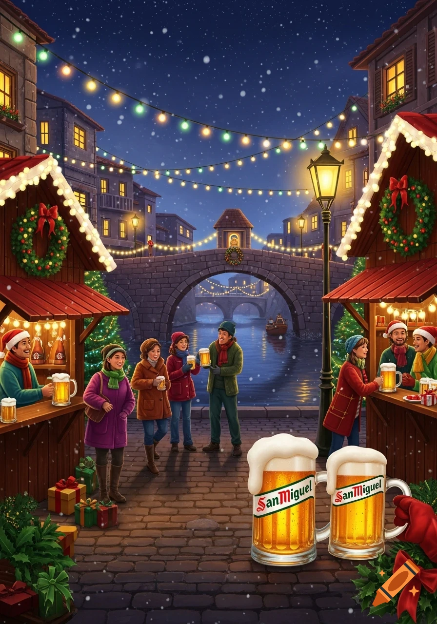 A festive illustration of a snowy Christmas market with people drinking beer, stalls, string lights, and a bridge over a river at night.
