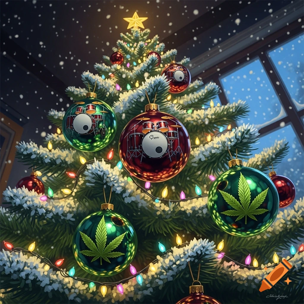 A decorated Christmas tree with lights and ornaments, some featuring drum kits and others featuring green marijuana leaves, with snow falling outside a window.