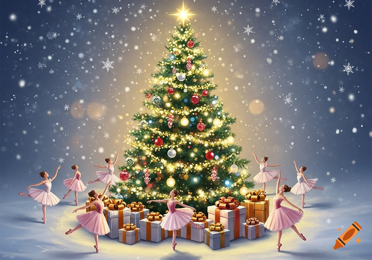 A vibrant Christmas tree surrounded by gracefully dancing ballerinas and wrapped gifts under falling snow.