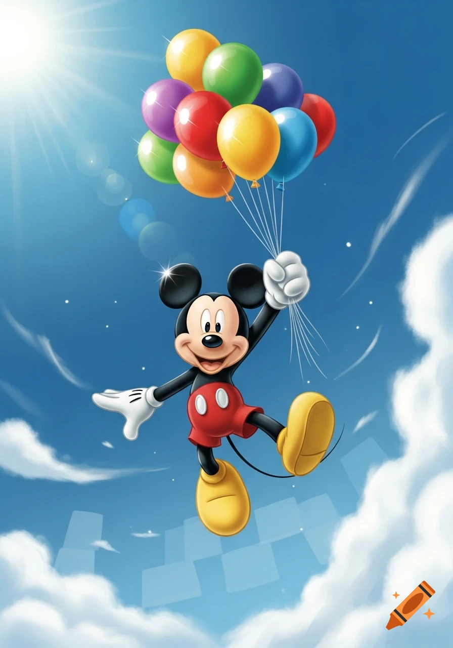Cartoon illustration of Mickey Mouse floating in a bright blue sky, holding a large bunch of colorful balloons.