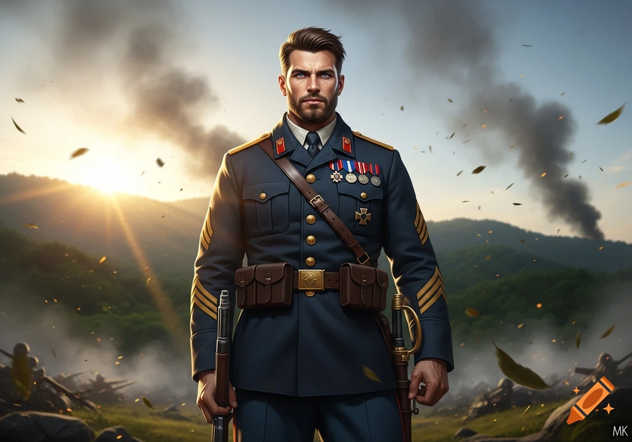 Handsome soldier in a dark blue uniform with medals, holding a rifle and sword on a smoky battlefield at sunset.