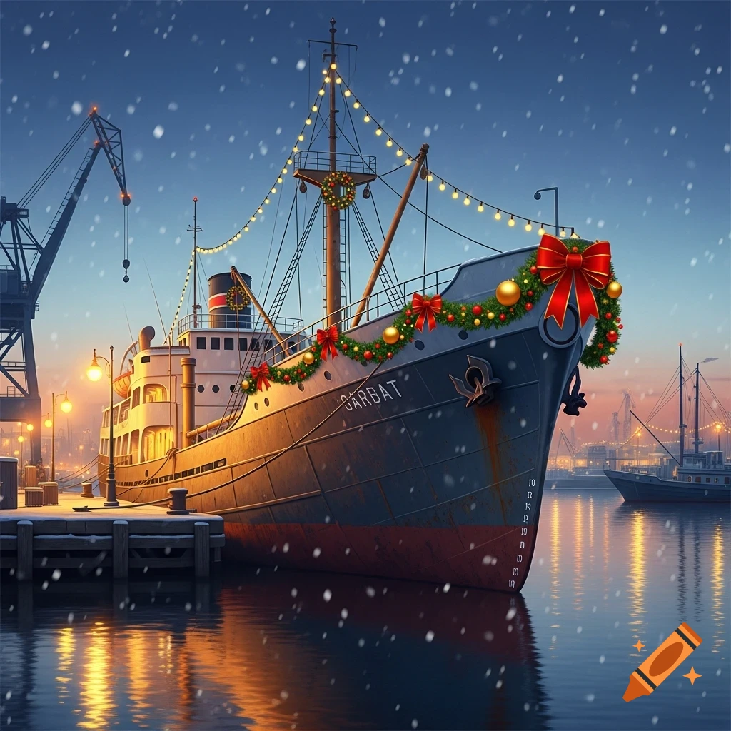A cargo ship decorated with Christmas lights and wreaths, docked in a snowy harbor at dusk.