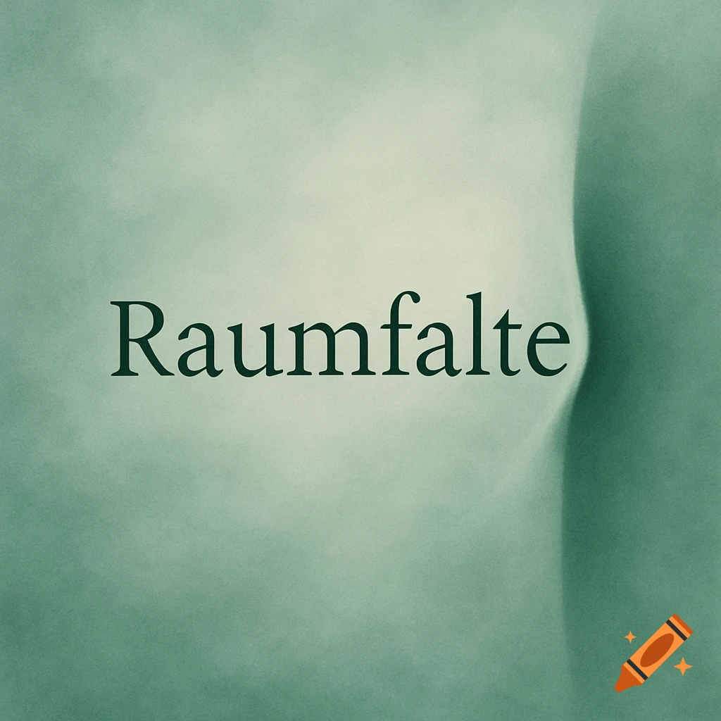 Abstract image in hazy green tones with the word "Raumfalte" and a subtle fold on the right.