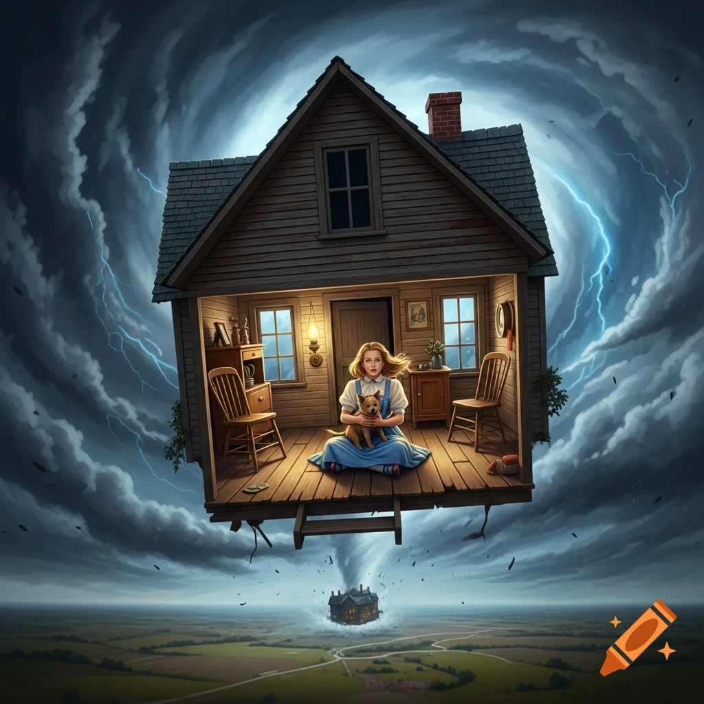 A girl with her dog in a wooden house, caught in a powerful tornado with lightning, above a vast landscape. Digital art.