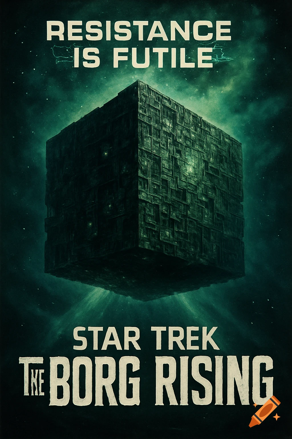 A dark green Star Trek movie poster shows a large Borg Cube floating in space, with glowing green energy. Text reads "Resistance is Futile" and "Star Trek The Borg Rising".
