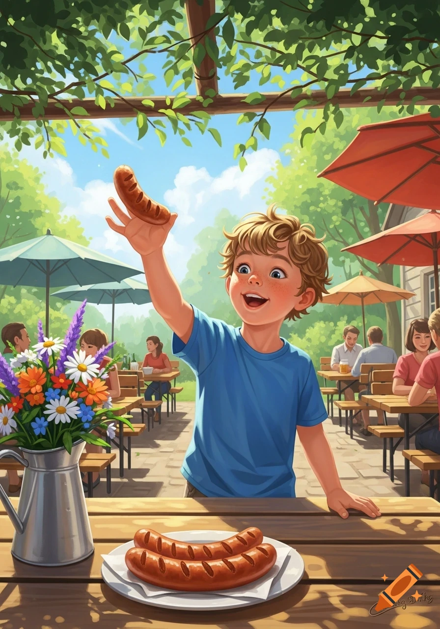 A happy, curly-haired boy in a blue shirt holds a sausage in the air at a sunny outdoor cafe with flowers and other diners in a vibrant illustration.