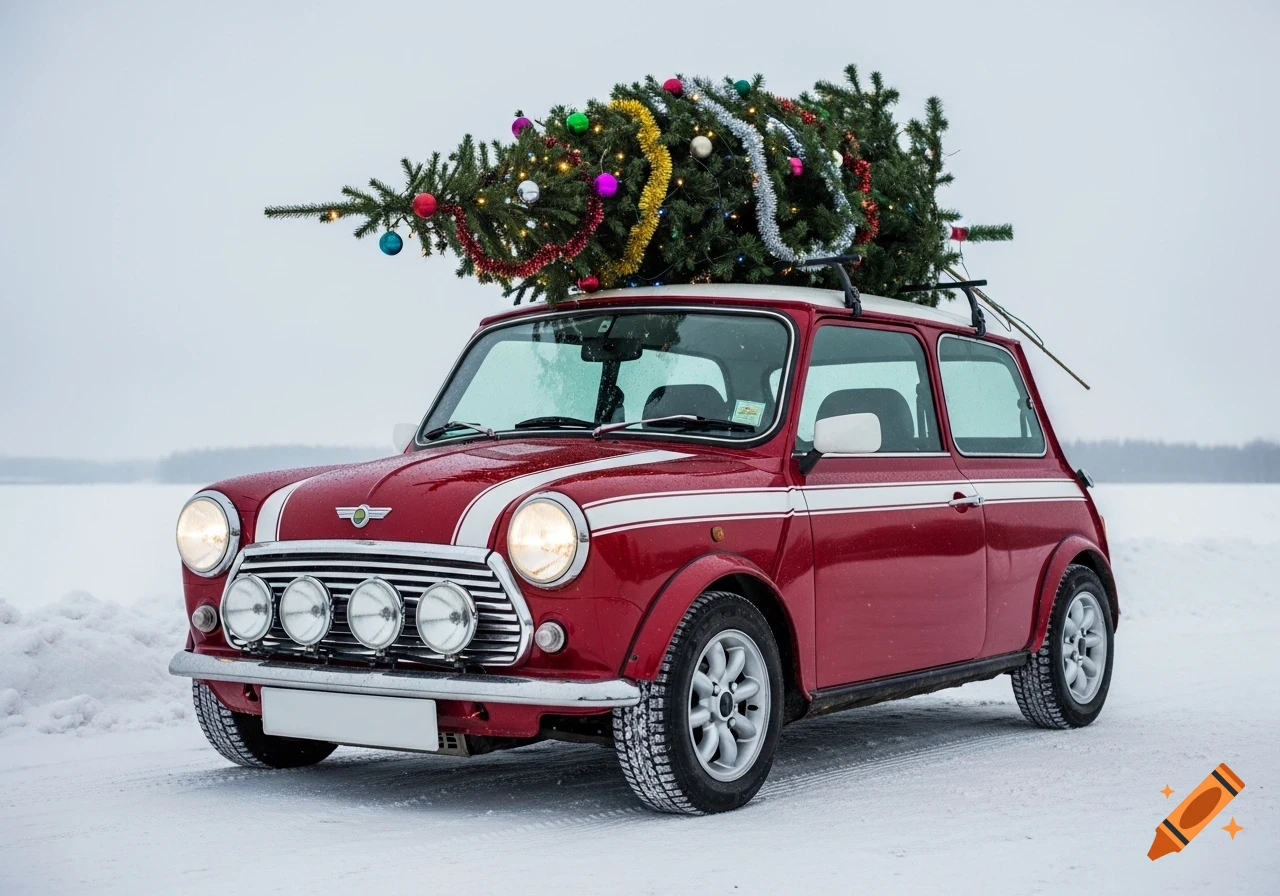 Red classic Mini Cooper with white stripes carrying a decorated Christmas tree on its roof, parked on a snow-covered road.