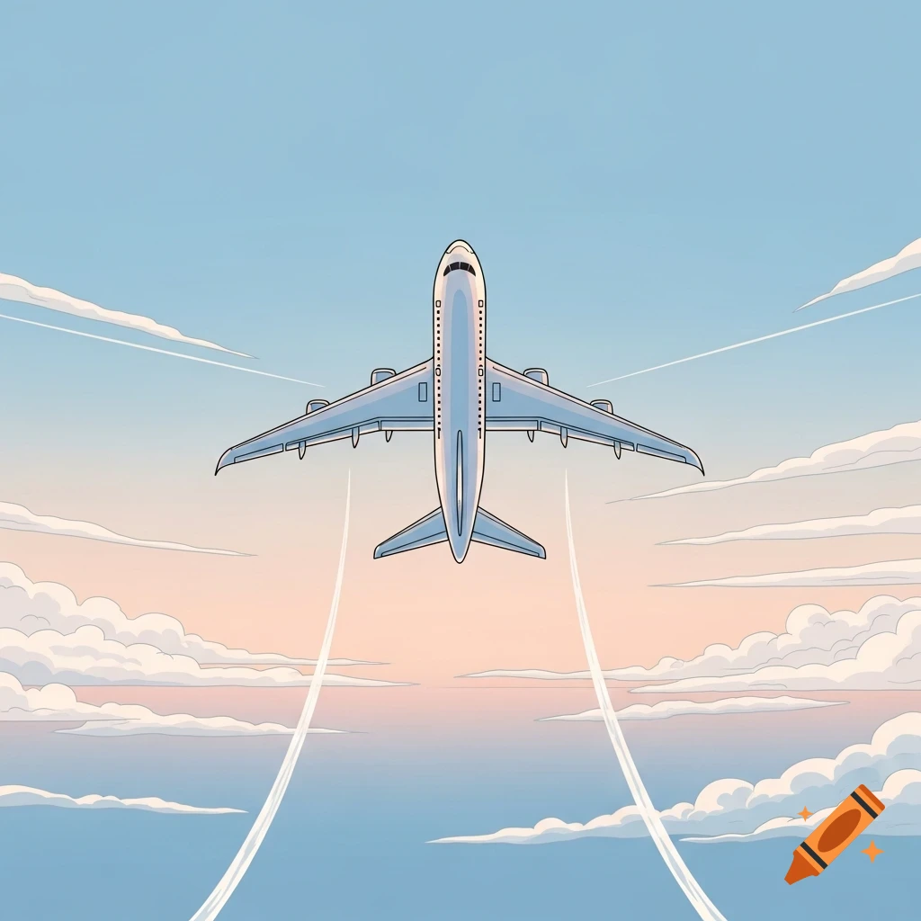 An airplane ascends into a pastel sky with contrails and clouds in a simple illustration.