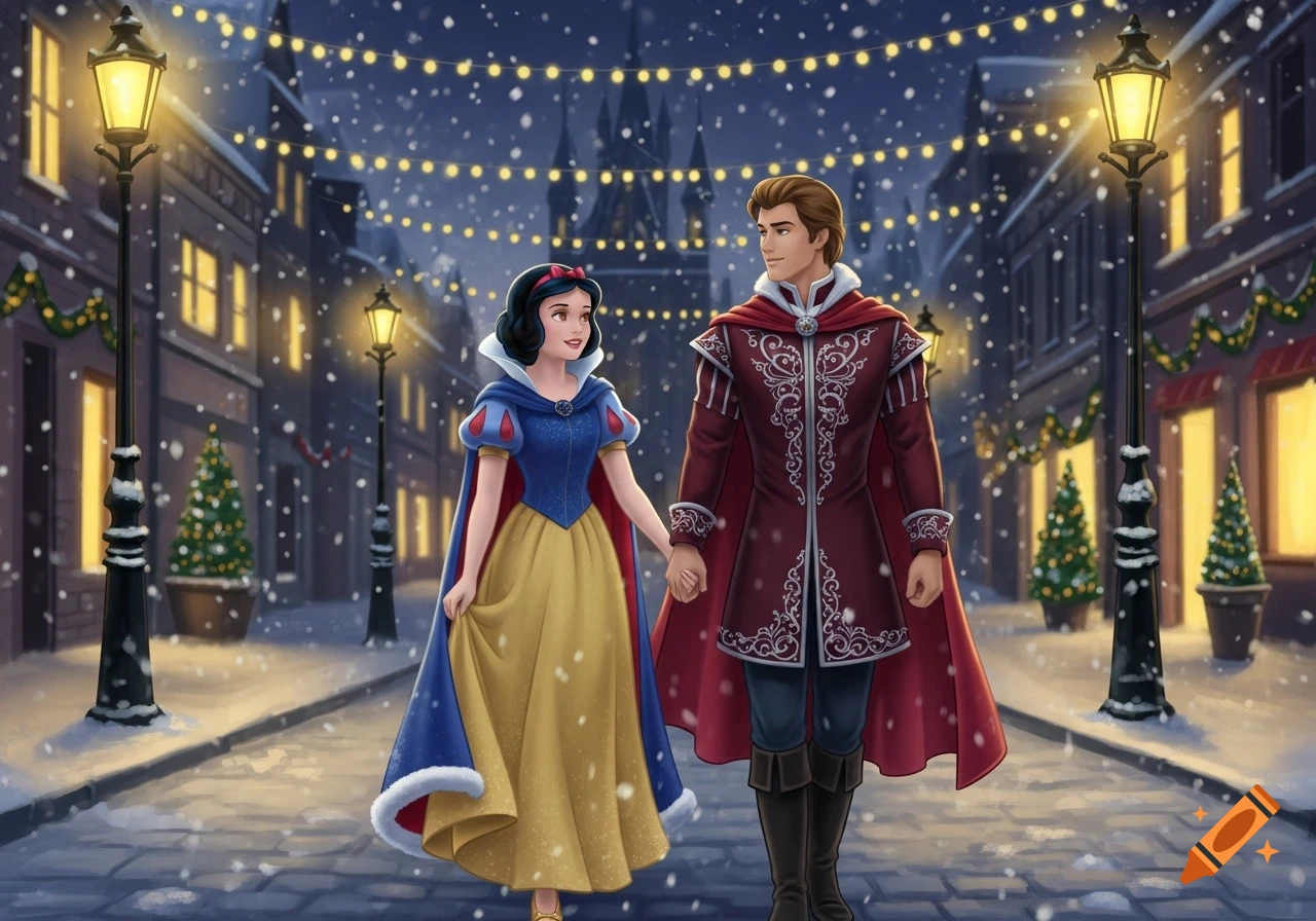 Snow White and the Prince walk hand-in-hand down a snowy, festive city street illuminated by string lights on a winter night, with decorated Christmas trees.