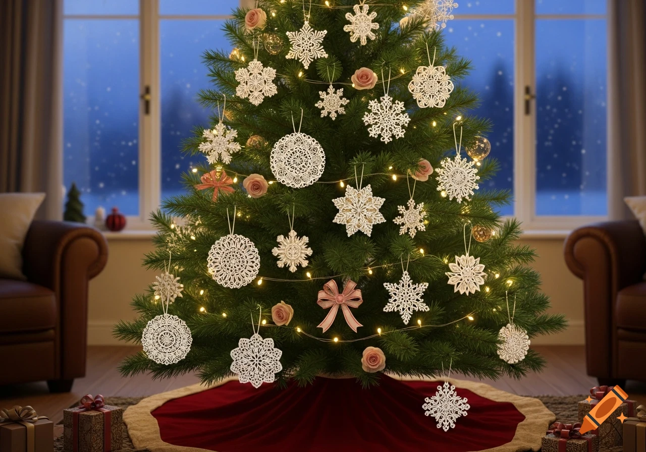 A beautifully decorated Christmas tree adorned with white snowflake and lace ornaments, small pink roses, and warm lights. Presents sit below, with a snowy window in the background.