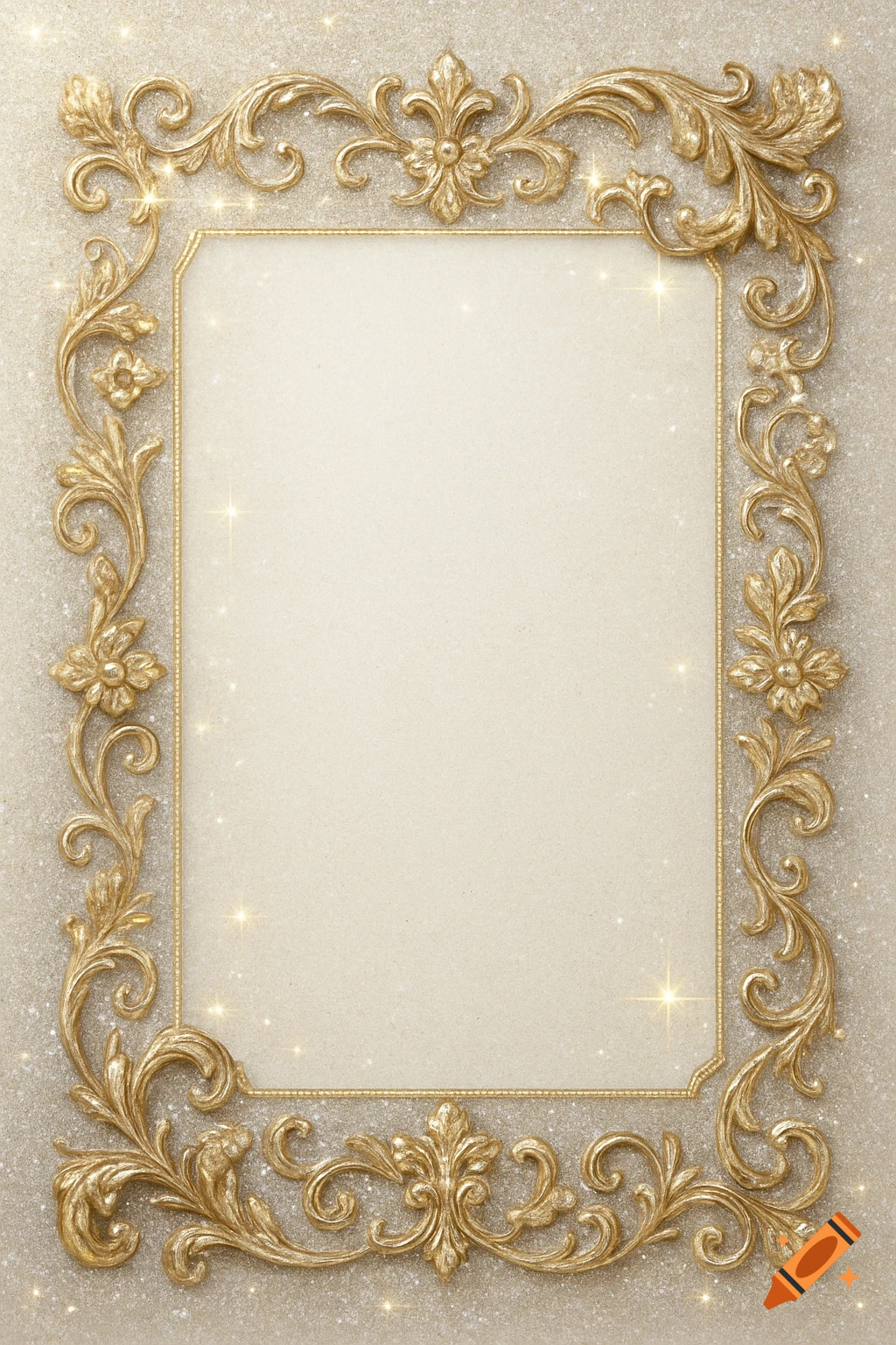 Ornate rectangular golden frame with rococo-style filigree and floral accents, on a sparkling glitter background with light reflections.