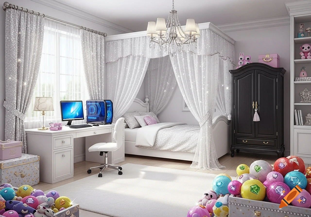 A luxurious sparkly white and pink girl's bedroom with a computer desk, a four-poster canopy bed, and boxes of colorful toys.