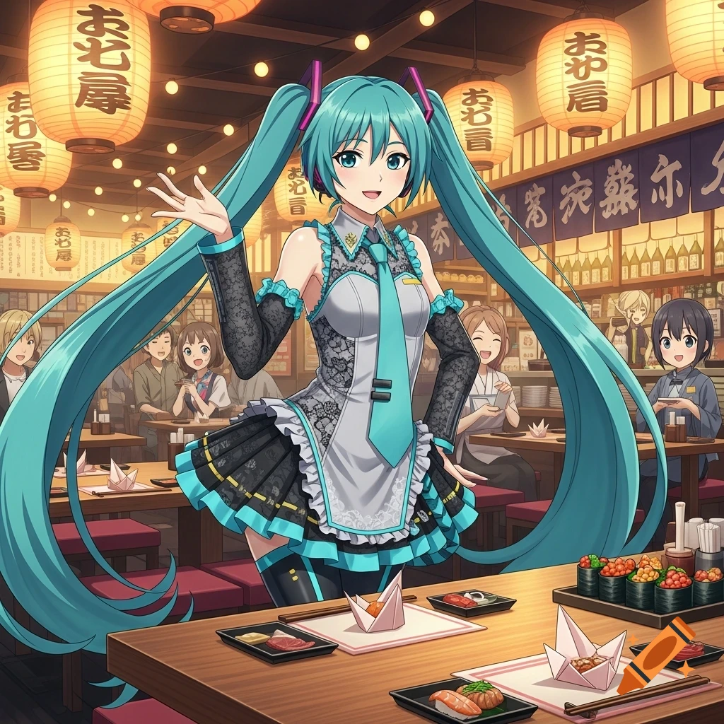 Hatsune Miku in a maid outfit greets guests in an anime-style Japanese ...