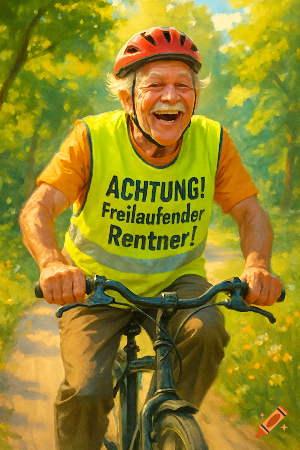 An elderly man joyfully riding a bicycle on a path, wearing a neon yellow safety vest with German text, in a vibrant painterly style.