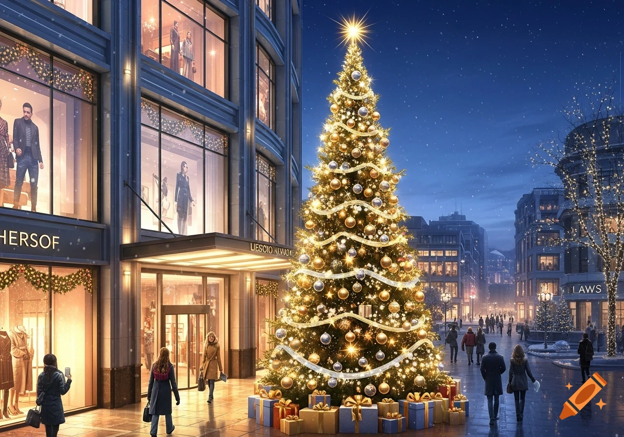 A dazzling gold and silver Christmas tree stands prominently in front of a high-end shopping mall at night, with people strolling on the snowy street.