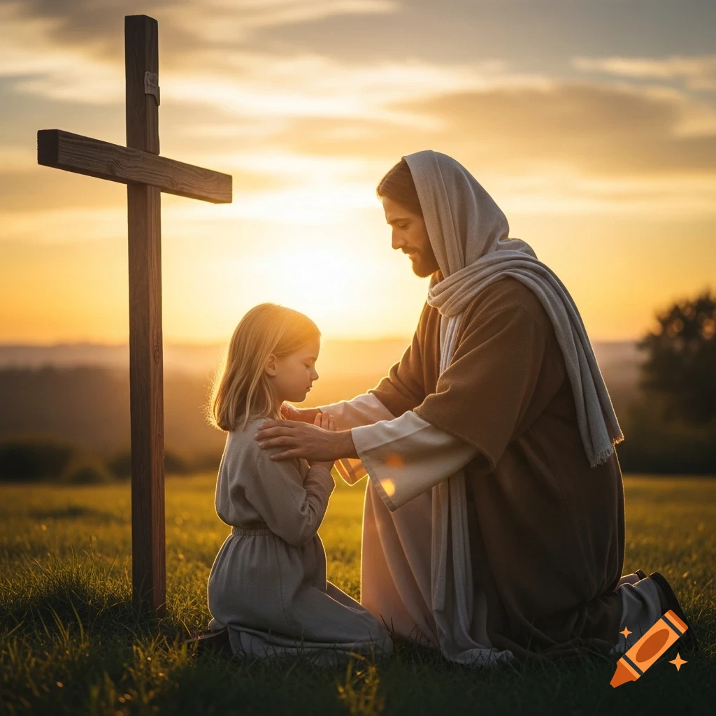 Photorealistic scene of Jesus comforting a young girl kneeling in a grassy field beside a wooden cross at sunset.