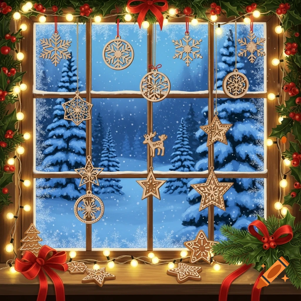 A festive window decorated with Christmas lights, holly, red bows, and wooden ornaments like snowflakes and stars, overlooking a snowy winter forest.