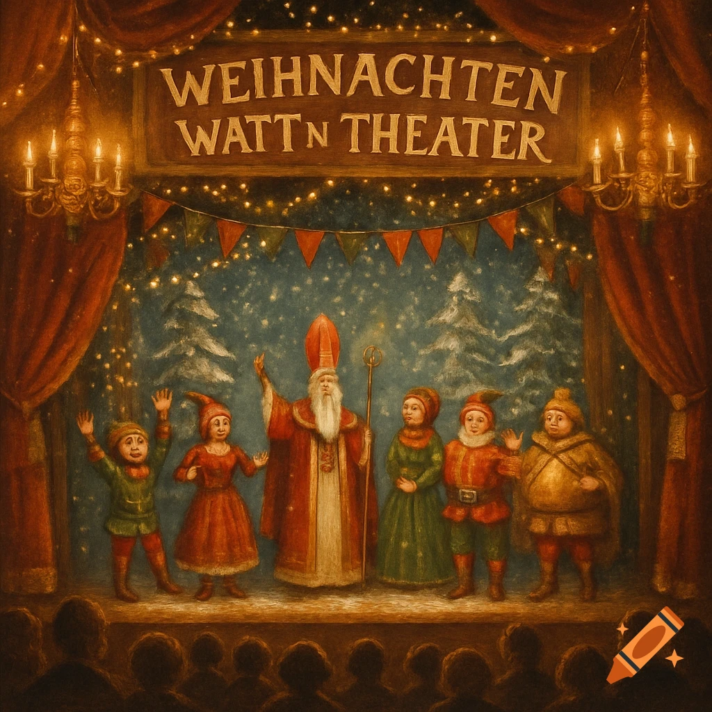 A rustic painting depicts a Christmas play on a stage, featuring Saint Nicholas and costumed characters performing for an unseen audience under a sign reading "WEIHNACHTEN WATT'N THEATER".