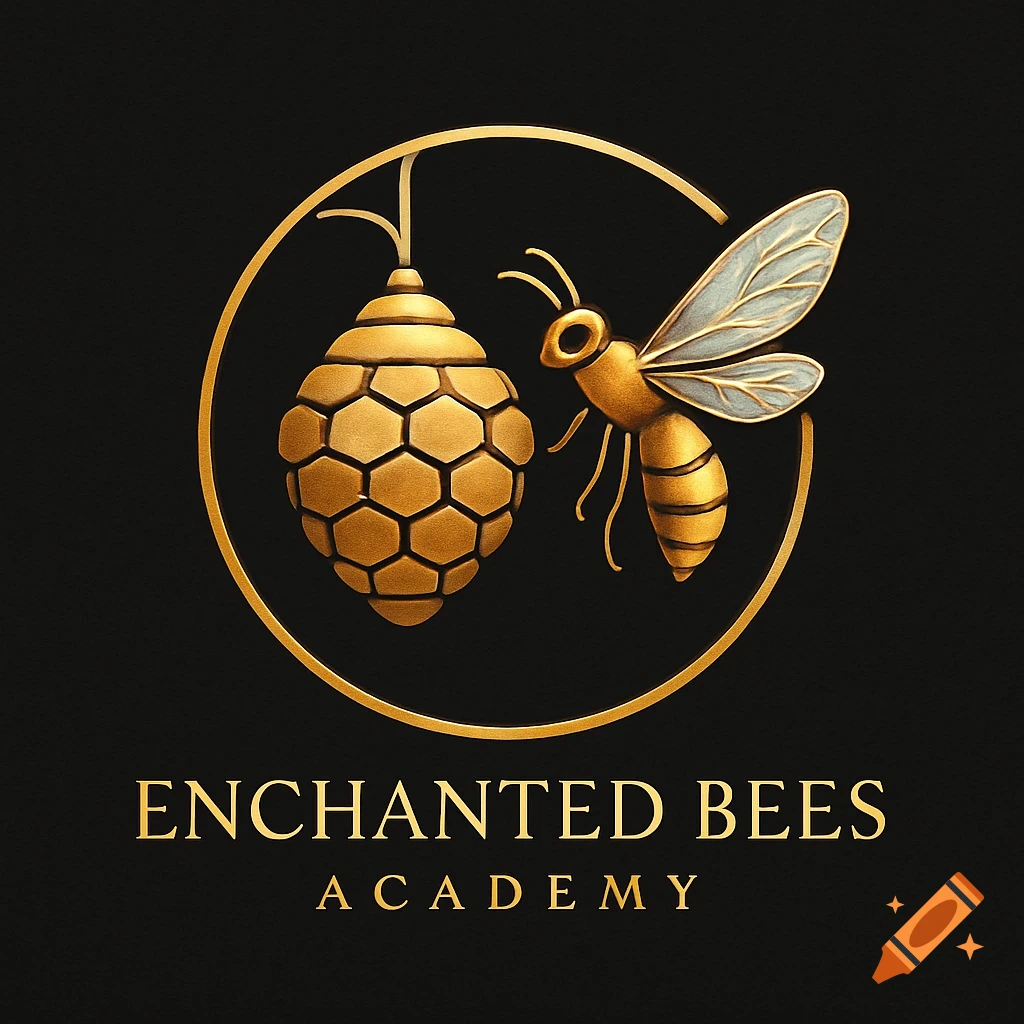 A gold logo featuring a bee and a beehive hanging within a circular frame, with 'ENCHANTED BEES ACADEMY' text below, on a black background.
