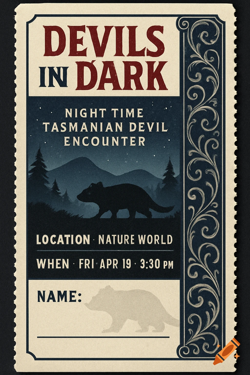 Vintage-style ticket for 'Devils in the Dark: Night Time Tasmanian Devil Encounter' with a silhouette of a Tasmanian devil under a starry sky.