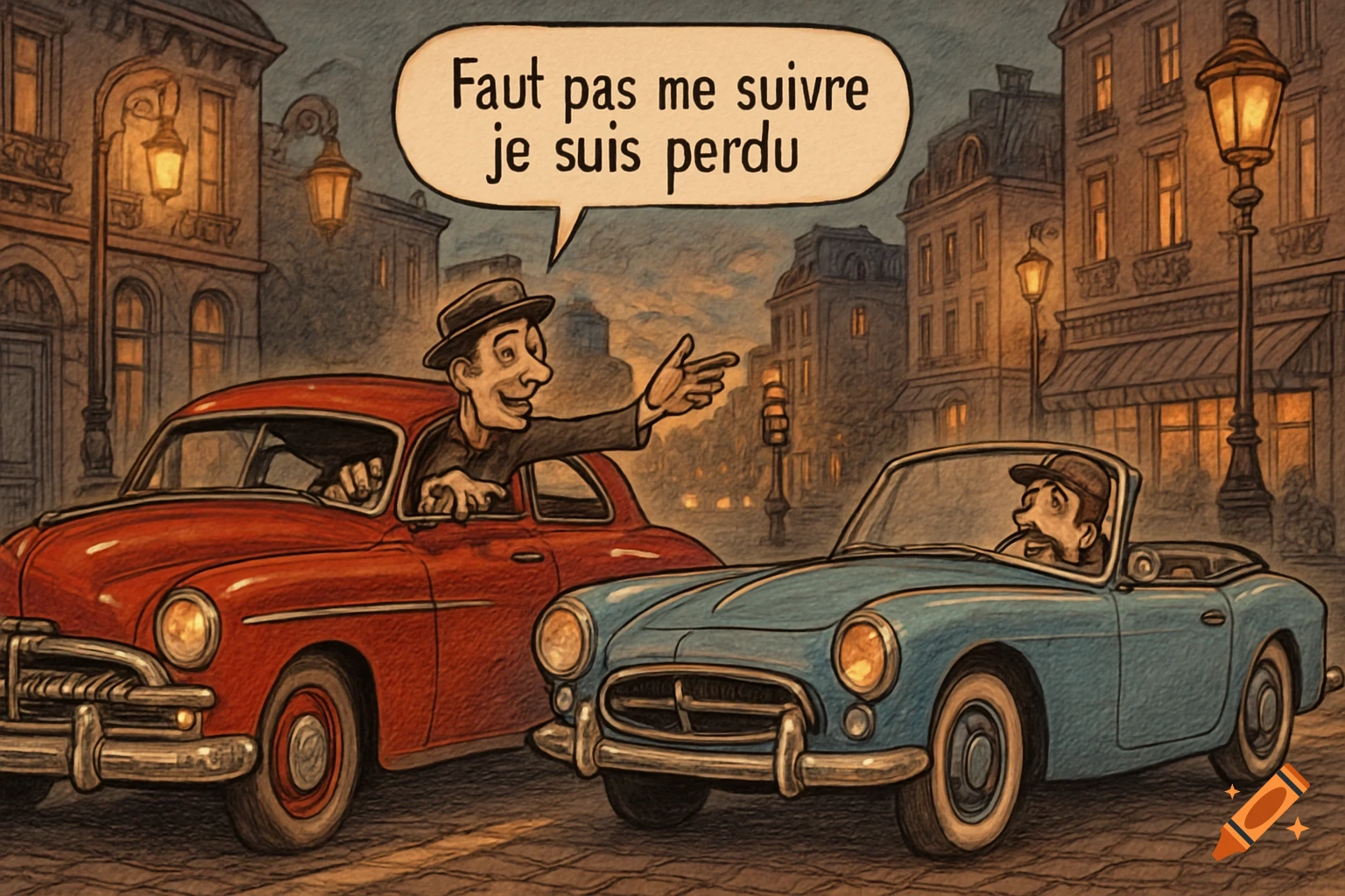 Cartoon scene with a man in a red vintage car pointing and speaking to another man in a blue convertible on a city street.