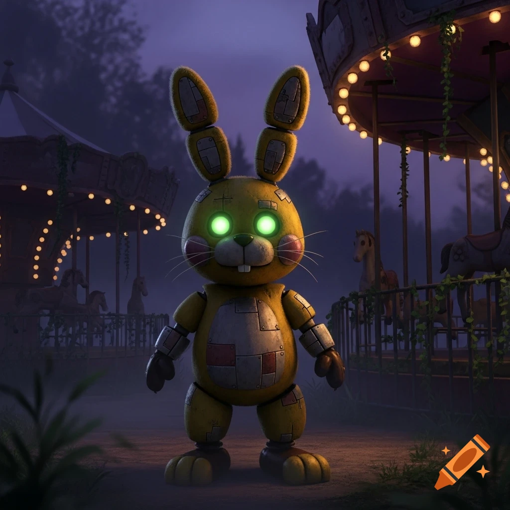 An eerie, patched-up yellow animatronic rabbit with glowing green eyes stands in a dark, abandoned carnival at night.