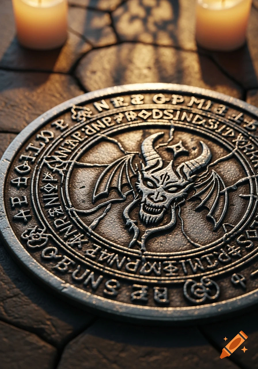 Photorealistic metal occult seal with a demon's sigil and blurred candles in the background.