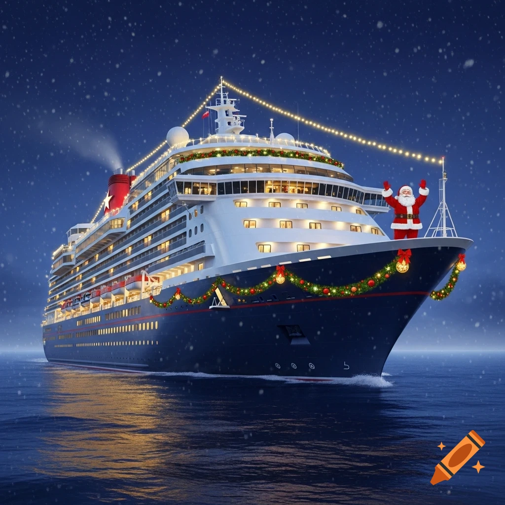 Photorealistic image of a large cruise ship decorated for Christmas, sailing on a dark sea under a snowy night sky, with Santa Claus on the bow.