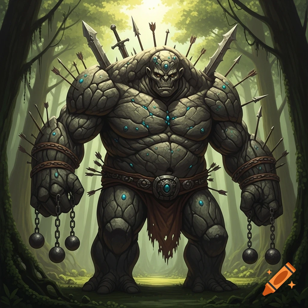 A massive, muscular stone golem with glowing blue gems, weapons stuck in its body, and chained weights on its wrists stands in a lush forest.