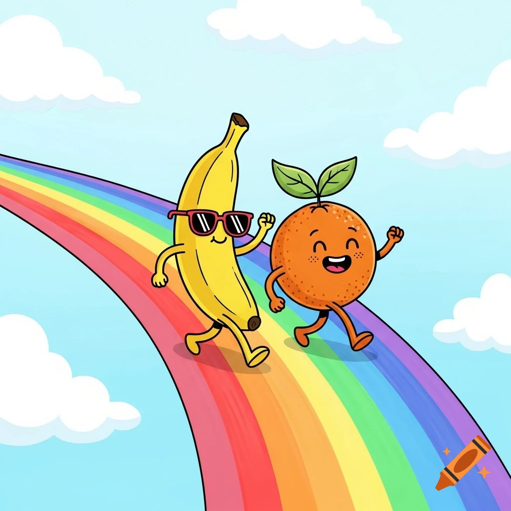 A cheerful cartoon banana wearing sunglasses and a happy orange character walk together down a bright rainbow in a blue sky with clouds.