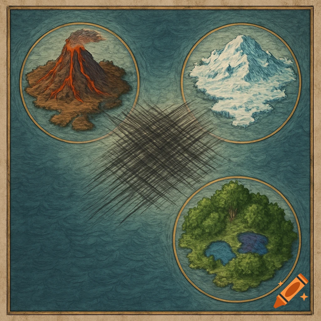 A stylized map featuring three round islands: a volcanic island, a snowy mountain island, and a lush forest island with lakes. Dark scribbles cover the central ocean area.