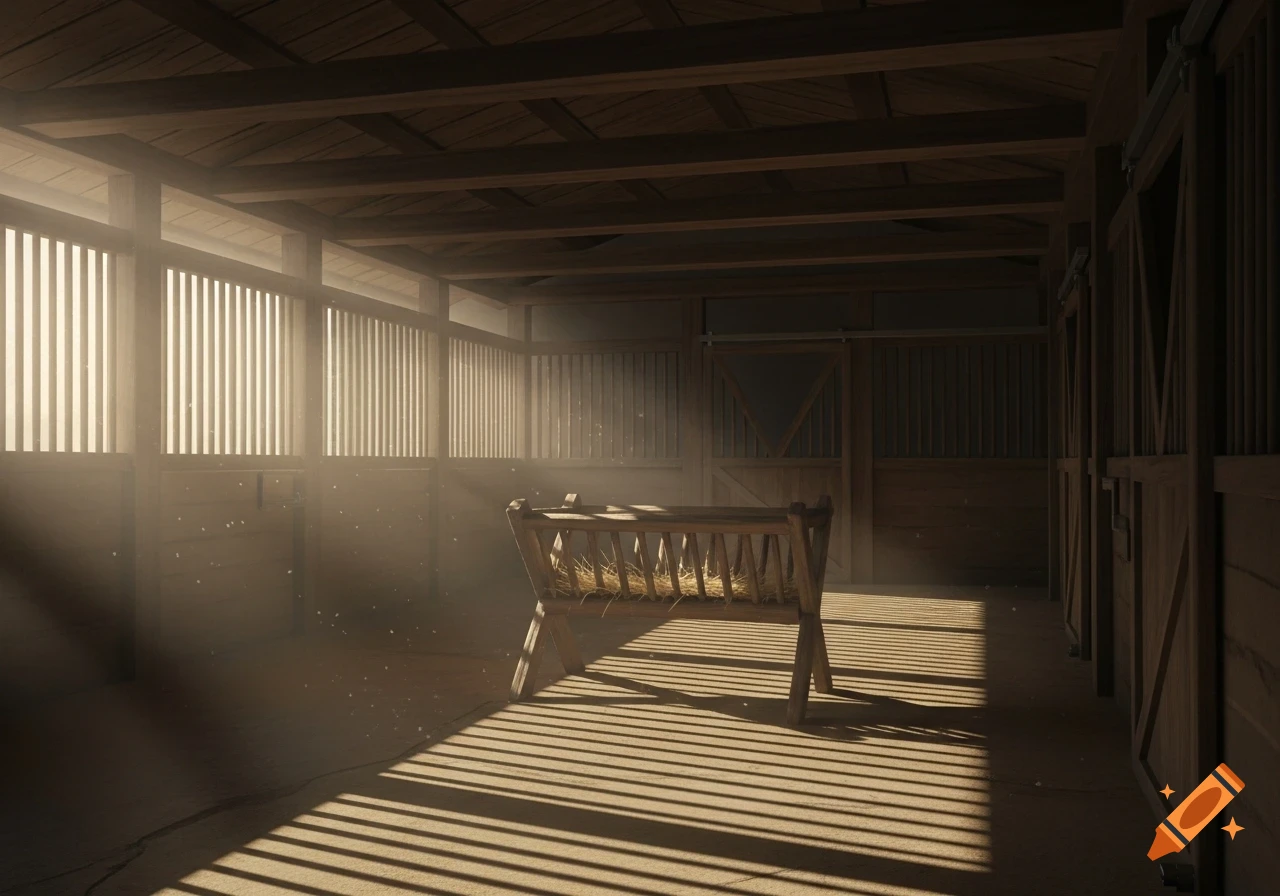Sunlight streams into an empty wooden stable, illuminating dust particles and a hay-filled manger on the floor.