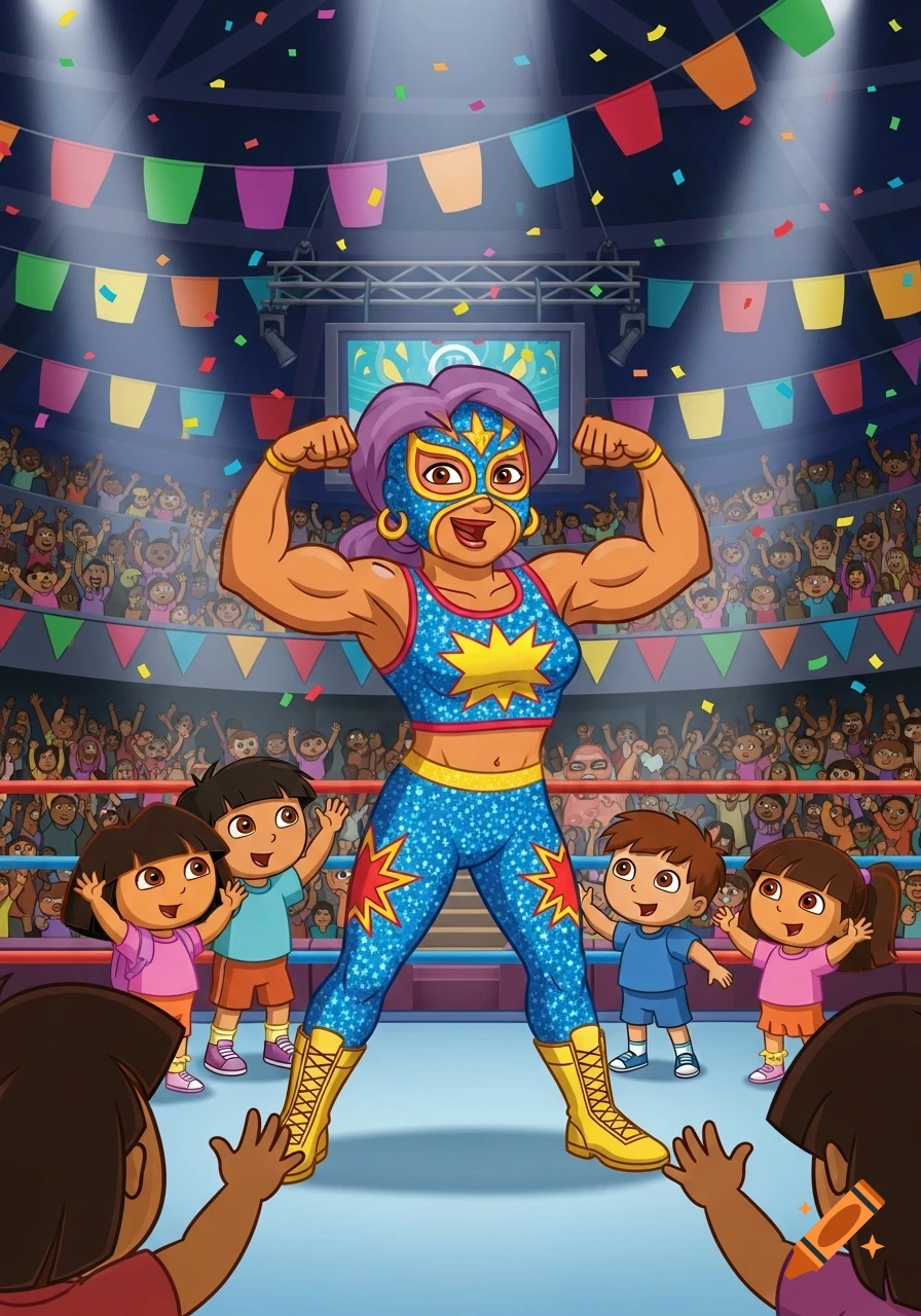 Cartoon of Dora s Mami, in a blue Luchador uniform and mask, joyfully flexing her biceps in a wrestling ring, surrounded by cheering children.