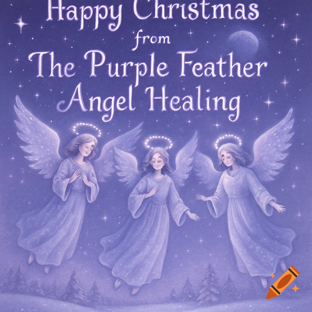 Three purple angels with halos and wings, above a snowy landscape and text 'Happy Christmas from The Purple Feather Angel Healing'.