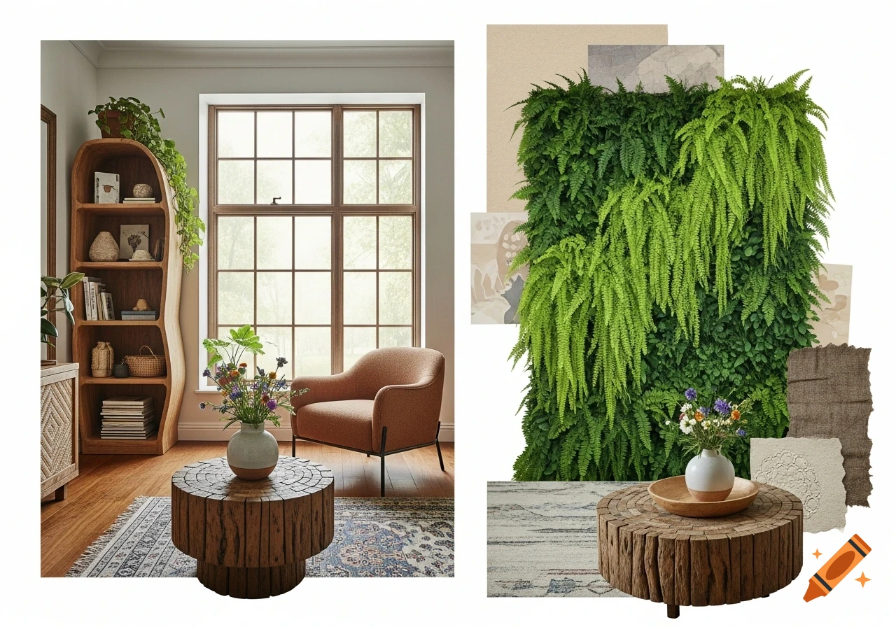 A collage features a living room with wooden furniture, a large window, a vase of flowers, and a vertical garden with various plants.