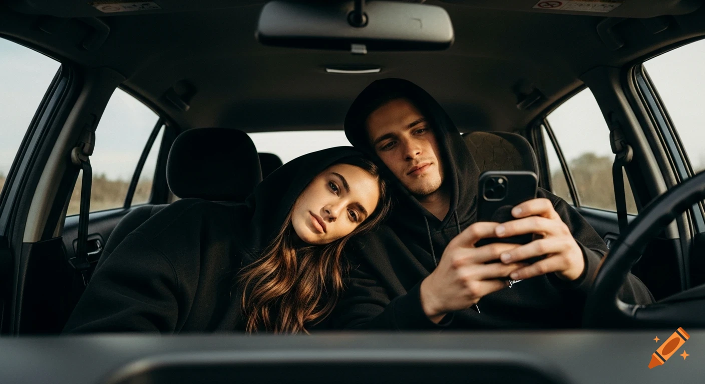 A young couple in black hoodies in a car. The woman leans on the man's shoulder as he holds a smartphone, looking at it. Cinematic style.