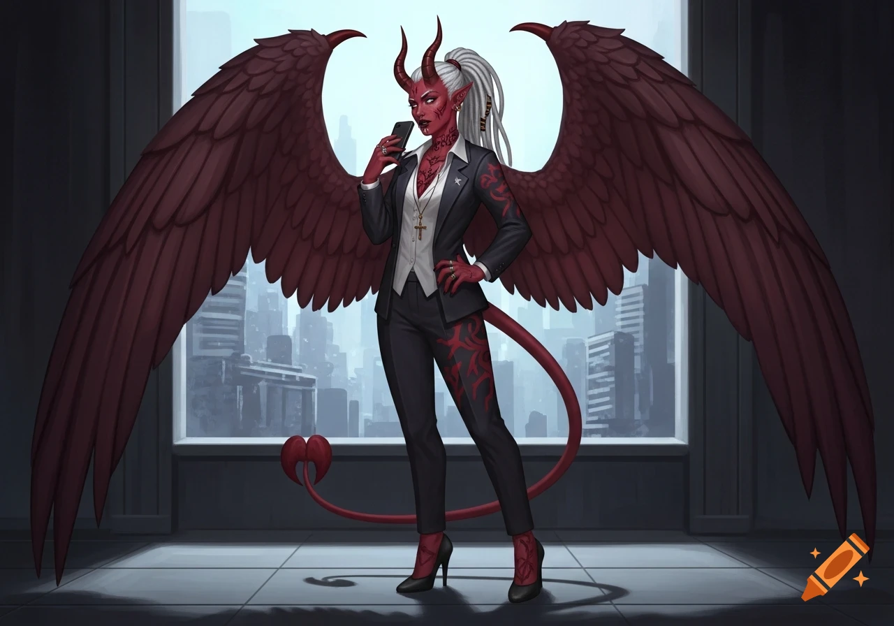 A red-skinned demonic woman with horns, wings, and a tail stands in a suit, holding a phone, overlooking a city.