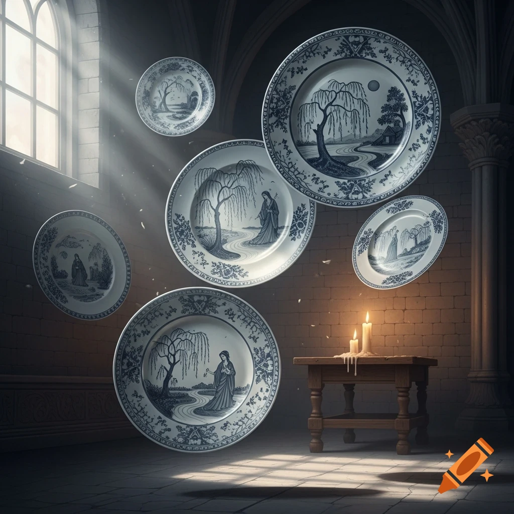 Floating blue and white decorative plates with landscape scenes, a candlelit wooden table, and light rays in a dark stone room.