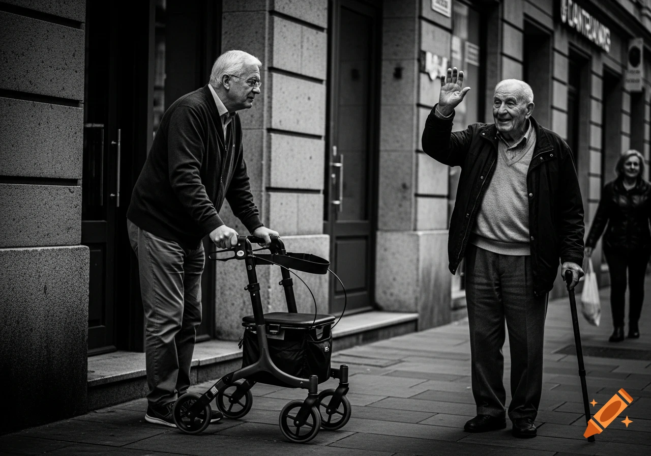 Two elderly men on a city street in black and white. One leans on a rollator, the other waves while holding a cane.