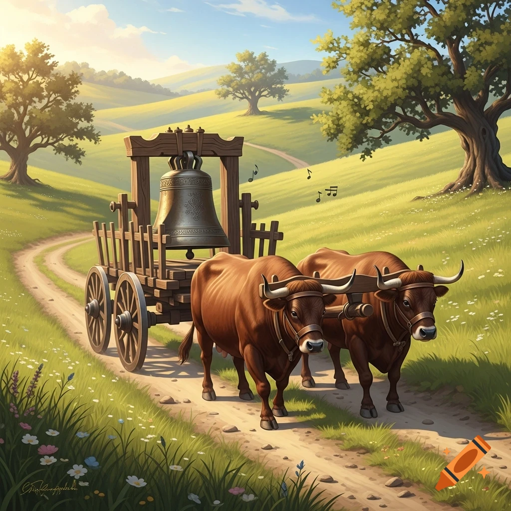 Two brown oxen pull a wooden cart with a large bronze bell along a dirt path through rolling green hills, a vibrant illustration.