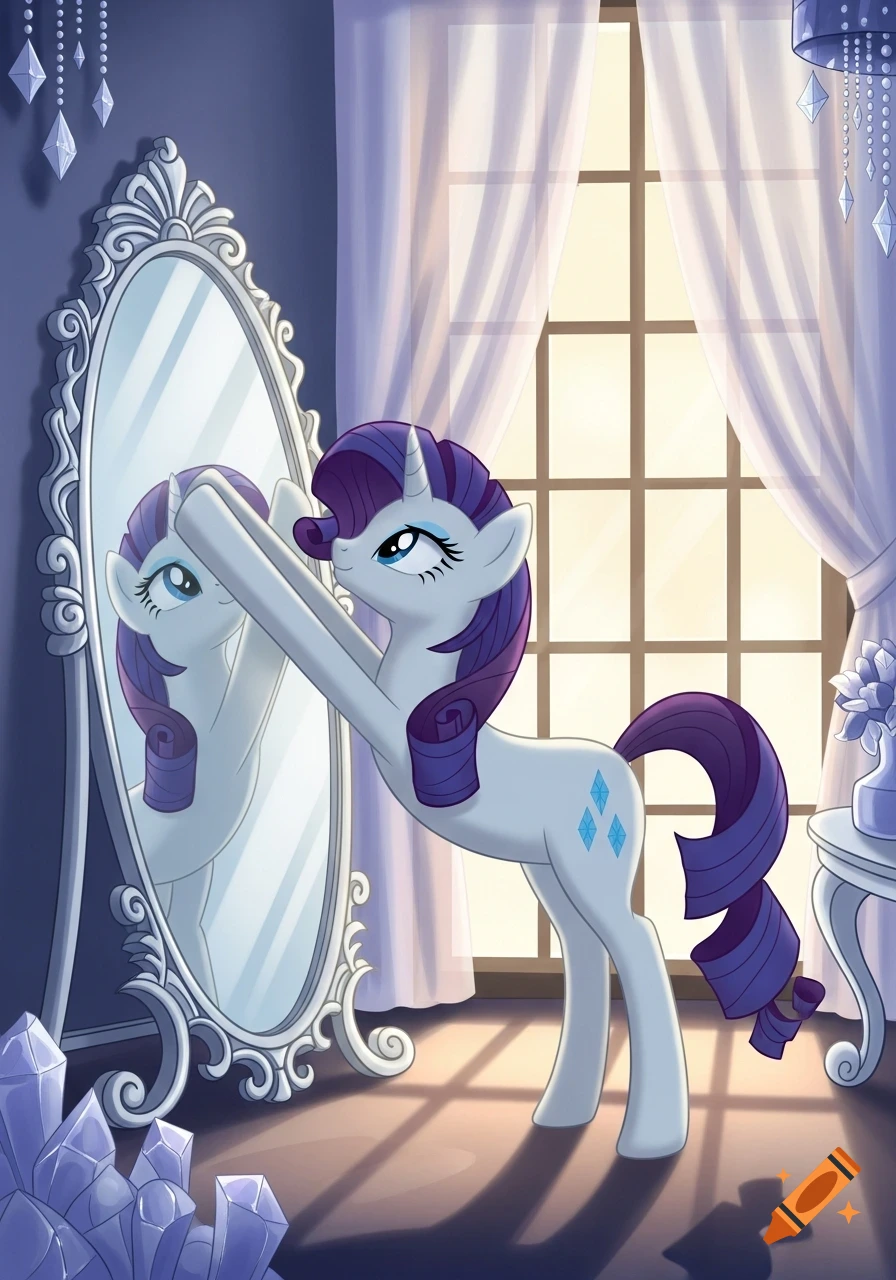A cartoon light gray unicorn pony with purple mane stretches like a cat, looking at its reflection in an ornate mirror.