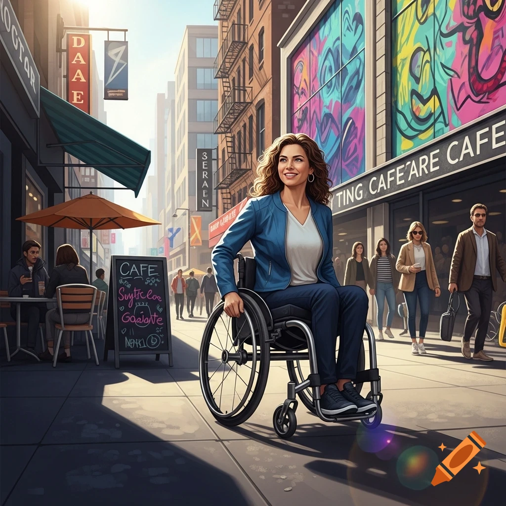 A smiling woman in a blue jacket sits in a wheelchair on a sunny city sidewalk, with cafes and pedestrians in the background.