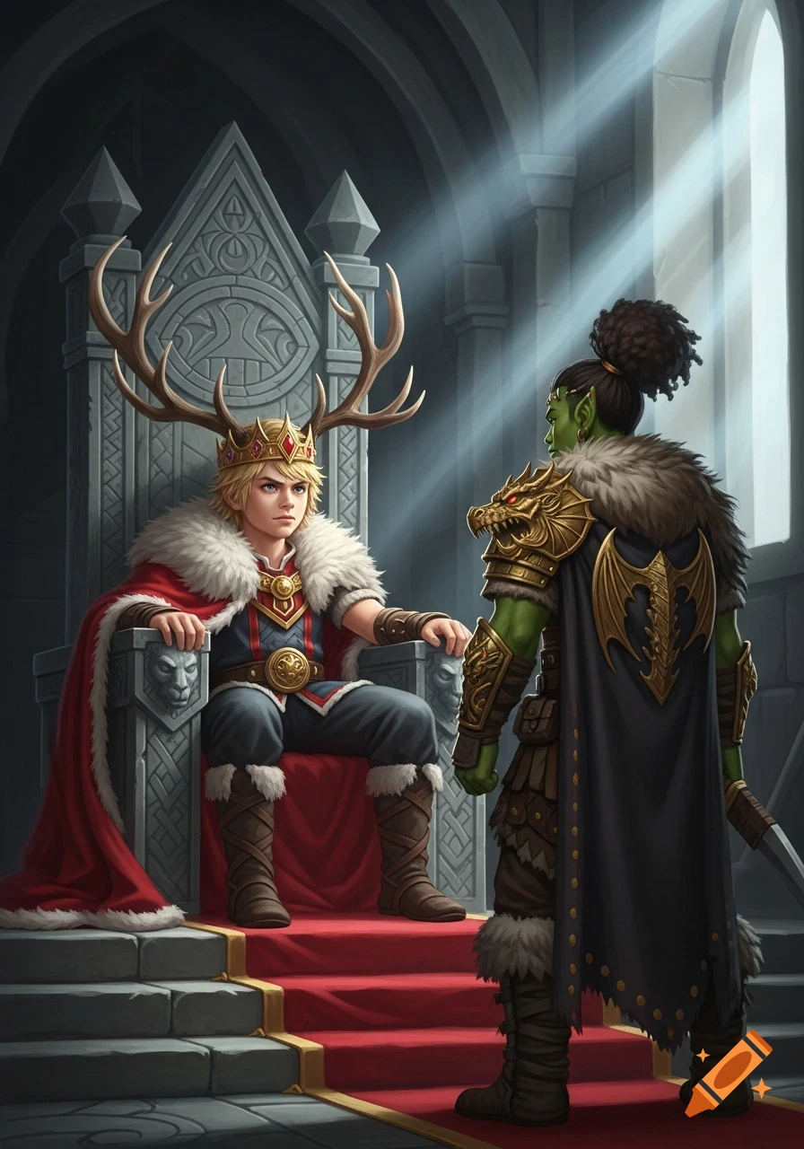 A blonde boy king with antlers on his crown sits on a stone throne, looking at a green-skinned orc in dragon armor.