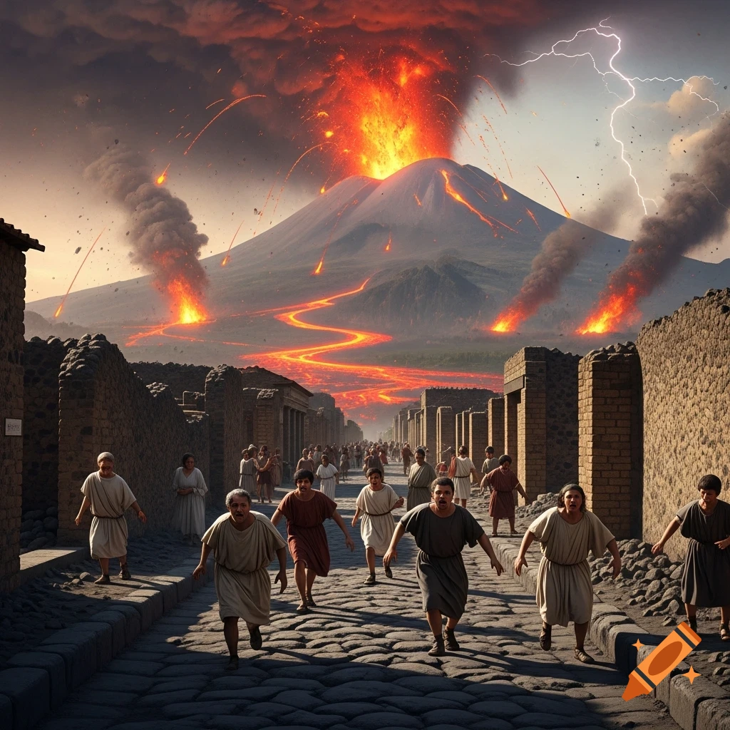 Mount Vesuvius erupts, spewing lava and ash over ancient Pompeii, as terrified people flee down a cobblestone street.