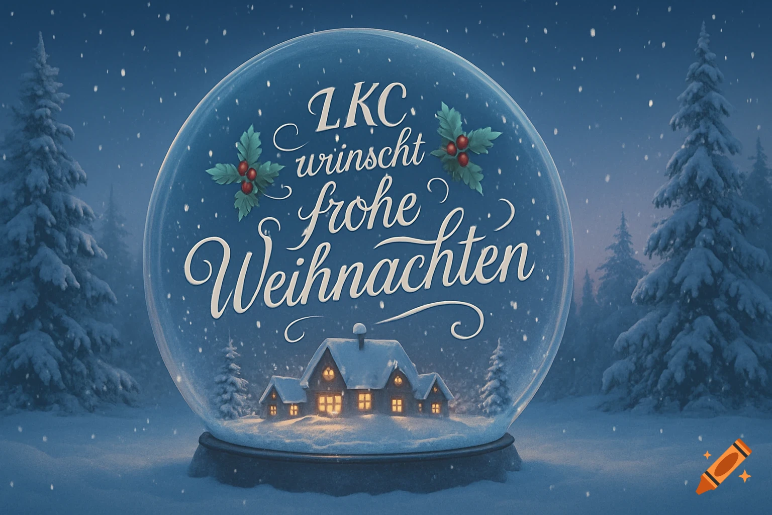 A winter scene with a snow globe holding a snowy village, pine trees, and the text 'LKC wünscht frohe Weihnachten'.