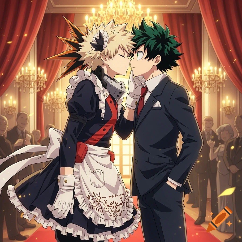 Anime characters Bakugo in a maid outfit and Deku in a suit lean in for a kiss on a red carpet in a ballroom.
