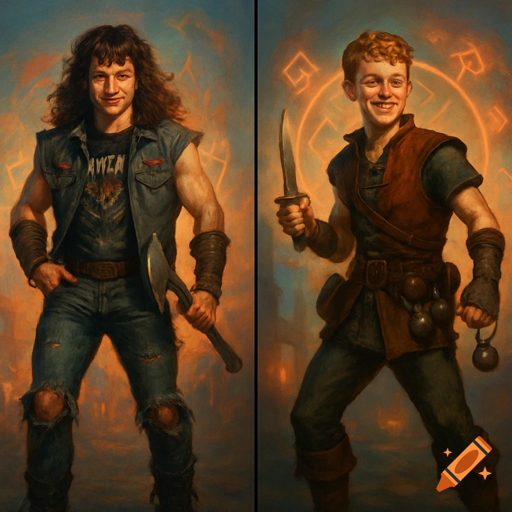 Side-by-side portrait of two brothers; one a long-haired rocker with an axe, the other a curly-haired rogue with a dagger, both smiling with glowing runes in the background. Stylized painting.