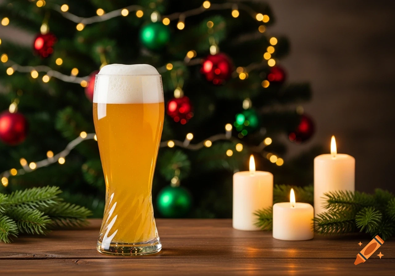 Glass of beer on a wooden table with a decorated Christmas tree and lit candles in the background.